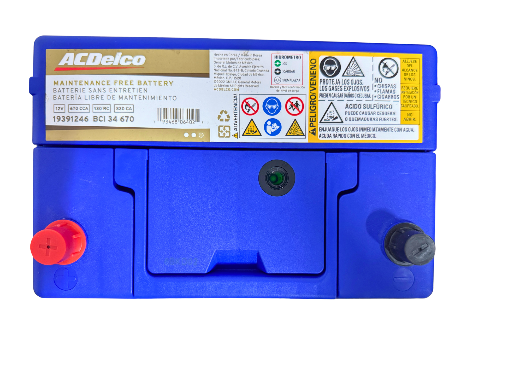 Acumulador ACDelco 19391246 BCI 34 (670 CCA) 12V. Potencia superior para Chrysler Town & Country, Dodge Grand Caravan, Cherokee y Hiace. ¡Pide la tuya hoy!